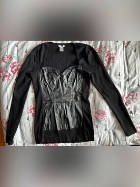 Cache Black Long Sleeve Faux Leather Bustier Top